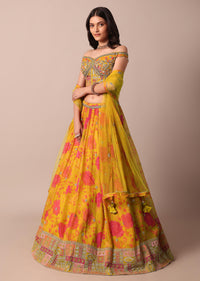 Mustard Yellow Printed Lehenga With Embroidered Choli And Net Dupatta