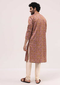 Mustard Yellow Printed Silk Kurta Pyjama For Men