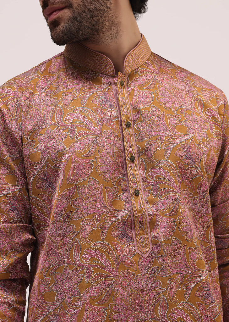 Mustard Yellow Printed Silk Kurta Pyjama For Men