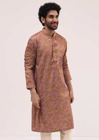 Mustard Yellow Printed Silk Kurta Pyjama For Men