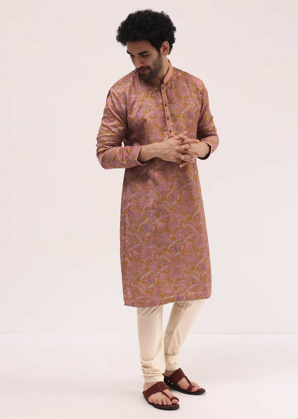 Mustard Yellow Printed Silk Kurta Pyjama For Men