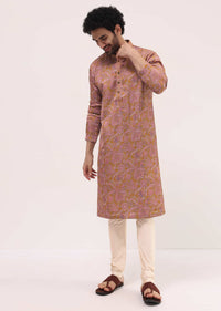 Mustard Yellow Printed Silk Kurta Pyjama For Men