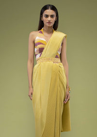 Mustard Yellow Ready-Pleated Saree In The Crush, Paired With The Crop Top In Sleeveless And A Plunging V Neckline