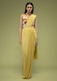 Mustard Yellow Ready-Pleated Saree In The Crush, Paired With The Crop Top In Sleeveless And A Plunging V Neckline