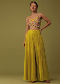 Mustard Yellow Santoon Crop Top And Palazzo Set With Floral Embroidery