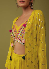 Mustard Yellow Santoon Crop Top And Palazzo Set With Floral Embroidery