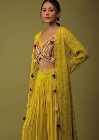 Mustard Yellow Santoon Crop Top And Palazzo Set With Floral Embroidery