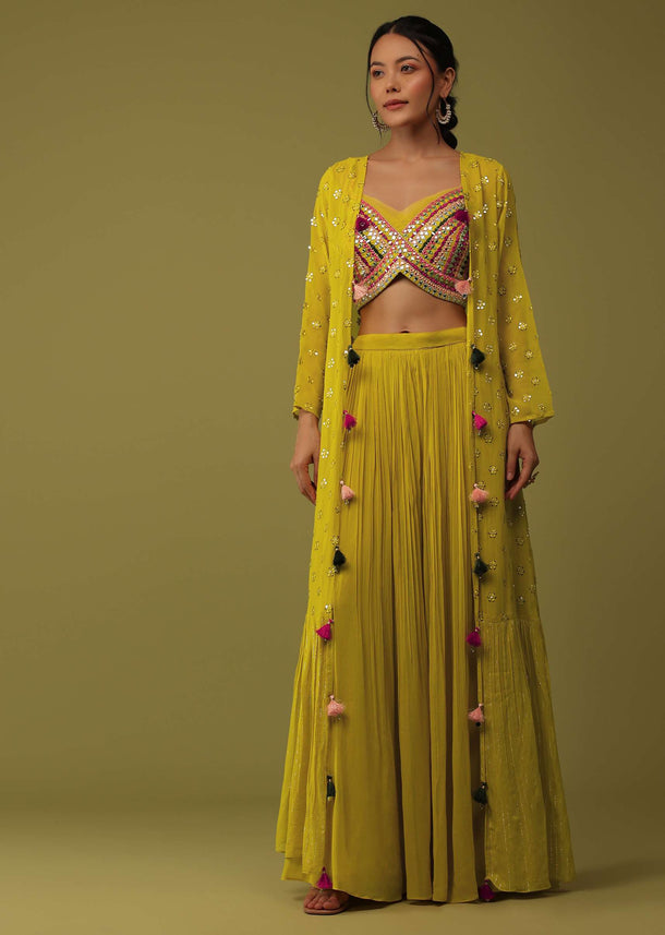 Mustard Yellow Santoon Crop Top And Palazzo Set With Floral Embroidery
