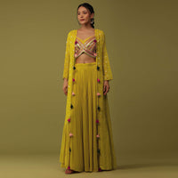 Mustard Yellow Santoon Crop Top And Palazzo Set With Floral Embroidery