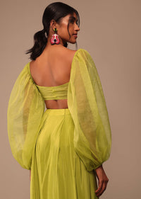 Mustard Yellow Saree With Bishop Sleeve Blouse And Hand Worked Belt