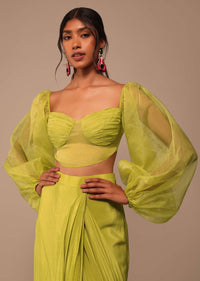 Mustard Yellow Saree With Bishop Sleeve Blouse And Hand Worked Belt