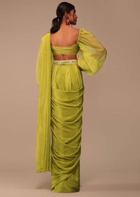 Mustard Yellow Saree With Bishop Sleeve Blouse And Hand Worked Belt