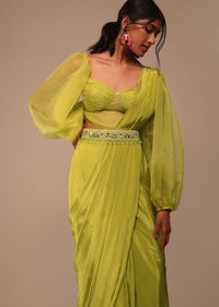 Mustard Yellow Saree With Bishop Sleeve Blouse And Hand Worked Belt