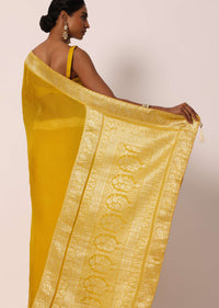 Mustard Yellow Saree In Banarasi Silk With Woven Jaal Floral Motifs And Unstitched Blouse Piece