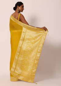 Mustard Yellow Saree In Banarasi Silk With Woven Jaal Floral Motifs And Unstitched Blouse Piece