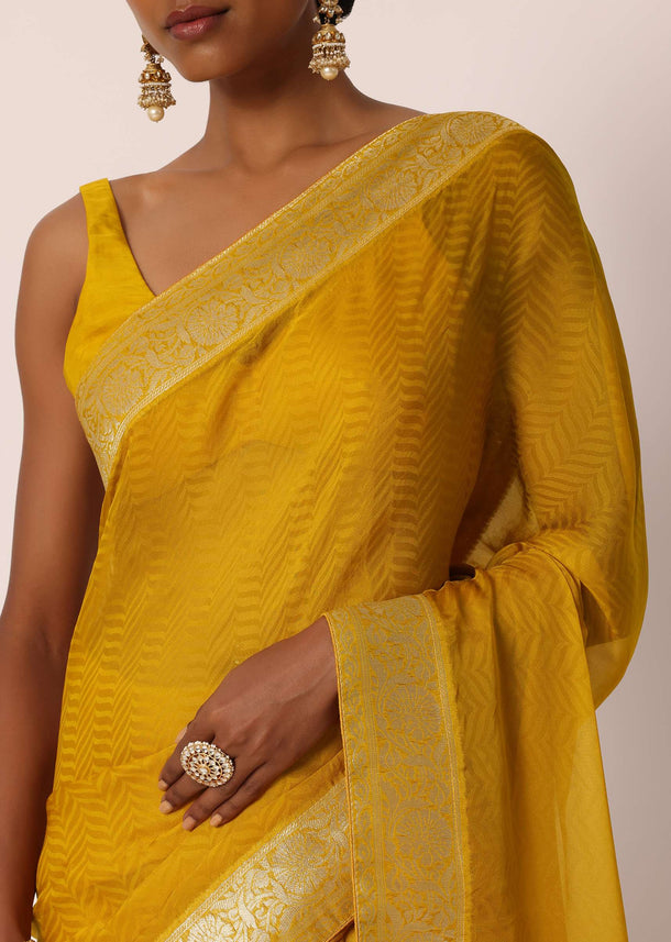 Mustard Yellow Saree In Banarasi Silk With Woven Jaal Floral Motifs And Unstitched Blouse Piece