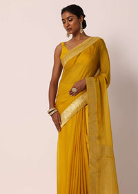 Mustard Yellow Saree In Banarasi Silk With Woven Jaal Floral Motifs And Unstitched Blouse Piece