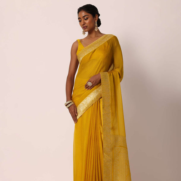 Mustard Yellow Saree In Banarasi Silk With Woven Jaal Floral Motifs And Unstitched Blouse Piece