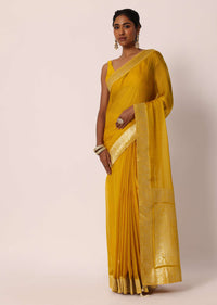 Mustard Yellow Saree In Banarasi Silk With Woven Jaal Floral Motifs And Unstitched Blouse Piece