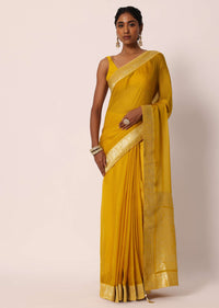 Mustard Yellow Saree In Banarasi Silk With Woven Jaal Floral Motifs And Unstitched Blouse Piece