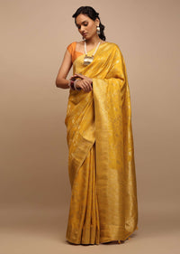 Mustard Yellow Saree In Dola Silk With Woven Floral Jaal And Moroccan Weave On Pallu