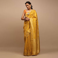 Mustard Yellow Saree In Dola Silk With Woven Floral Jaal And Moroccan Weave On Pallu