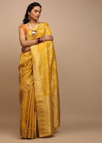 Mustard Yellow Saree In Dola Silk With Woven Floral Jaal And Moroccan Weave On Pallu