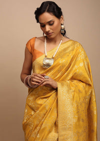 Mustard Yellow Saree In Dola Silk With Woven Floral Jaal And Moroccan Weave On Pallu