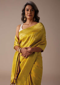 Mustard Yellow Saree In Dola Silk With Woven Floral Jaal And Moroccan Weave On Pallu