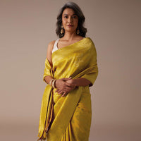 Mustard Yellow Saree In Dola Silk With Woven Floral Jaal And Moroccan Weave On Pallu