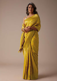 Mustard Yellow Saree In Dola Silk With Woven Floral Jaal And Moroccan Weave On Pallu