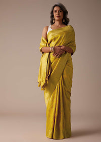 Mustard Yellow Saree In Dola Silk With Woven Floral Jaal And Moroccan Weave On Pallu