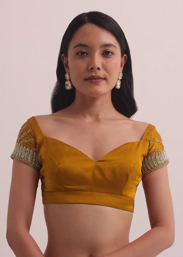 Mustard Yellow Satin Saree With Stone Embroidery