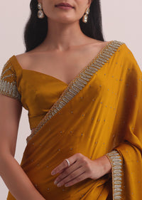 Mustard Yellow Satin Saree With Stone Embroidery