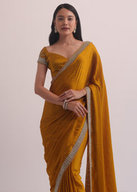 Mustard Yellow Satin Saree With Stone Embroidery