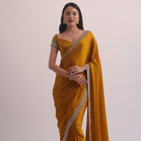 Mustard Yellow Satin Saree With Stone Embroidery