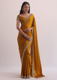 Mustard Yellow Satin Saree With Stone Embroidery