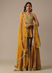 Mustard Yellow Sharara Set With Printed Peplum Top And Dupatta