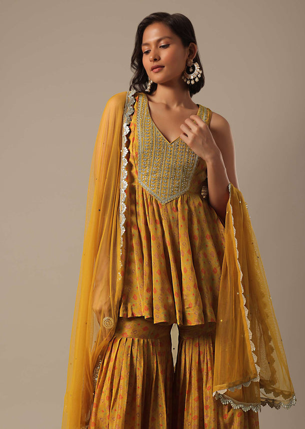 Mustard Yellow Sharara Set With Printed Peplum Top And Dupatta