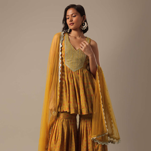 Mustard Yellow Sharara Set With Printed Peplum Top And Dupatta