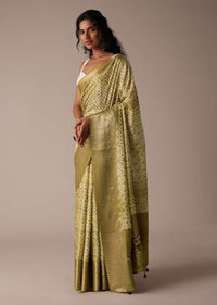 Mustard Yellow Shibori Saree In Tussar With Block Print Zari Border