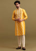 Mustard Yellow Silk Kurta Set In Resham Work For Men