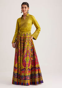Mustard Yellow Silk Skirt Set With Zari Work