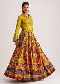 Mustard Yellow Silk Skirt Set With Zari Work