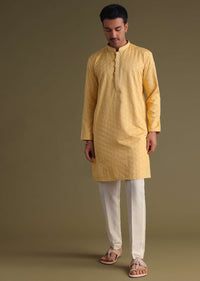 Mustard Yellow Thread-Embroidered Festive Kurta Set With Motif Work