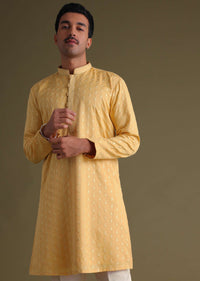 Mustard Yellow Thread-Embroidered Festive Kurta Set With Motif Work