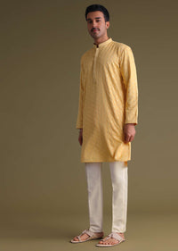 Mustard Yellow Thread-Embroidered Festive Kurta Set With Motif Work