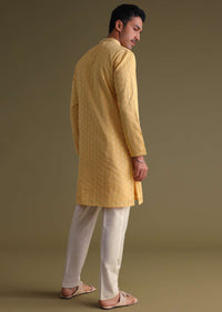 Mustard Yellow Thread-Embroidered Festive Kurta Set With Motif Work