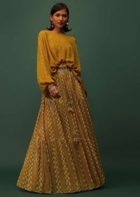 Mustard Yellow Top And Lehenga Set In Georgette With Sequins And Mirror Work