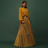 Mustard Yellow Top And Lehenga Set In Georgette With Sequins And Mirror Work